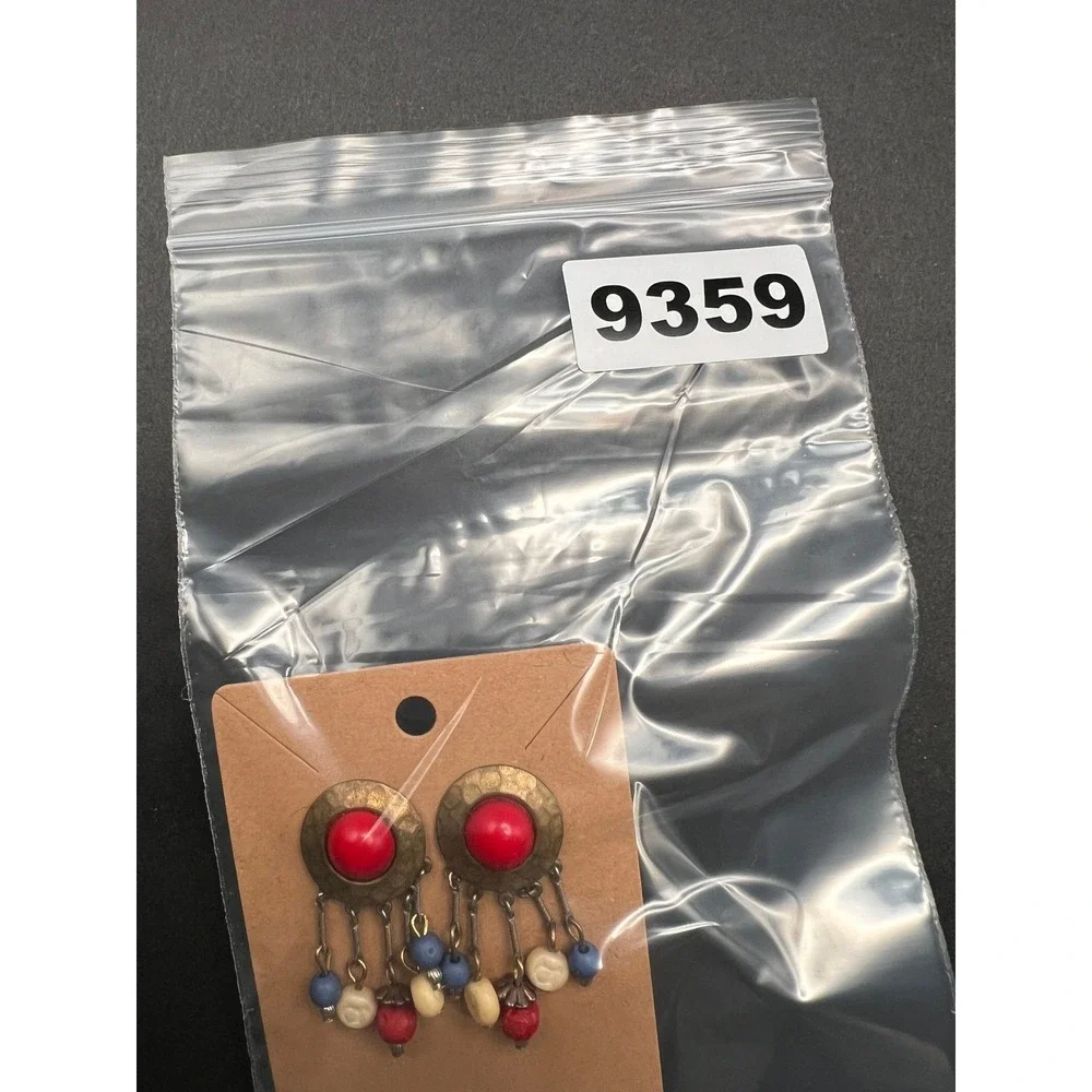 Vintage Boho Earrings Earrings Hammered Brass Red Blue White Beaded